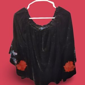 Blue Rain Elegant Black Top with Red Floral Accents